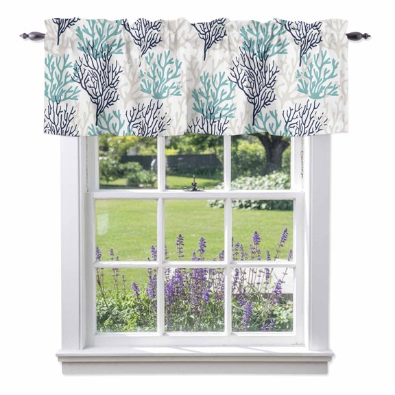 Summer Ocean Valances for Windows, Ombre Blue Coral Plants Valance Window Treatment Rod Pocket Short Curtains Valances for Kitchen Bathroom 56"W x 16"L