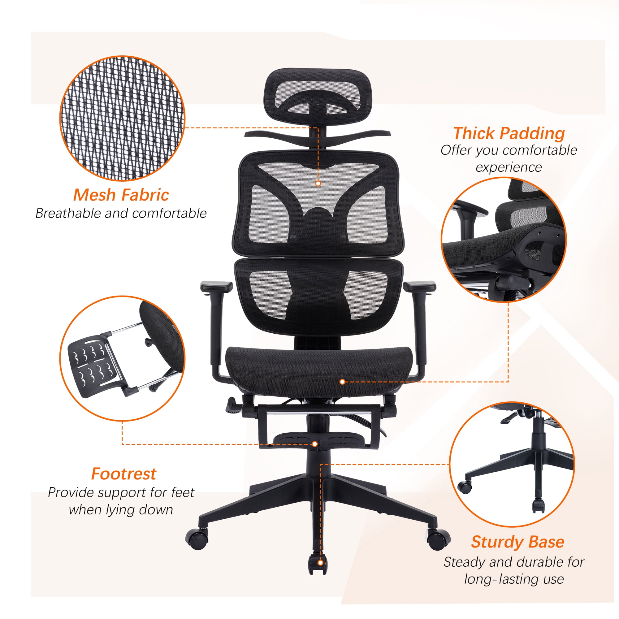VECELO Foldable Office Chair, Ergonomic High-Back Mesh Rolling Work Swivel Computer Chair with Wheels, Comfortable Lumbar Support, Comfy Arms for Home, Gaming Room, Bedroom, Study, Student, Black