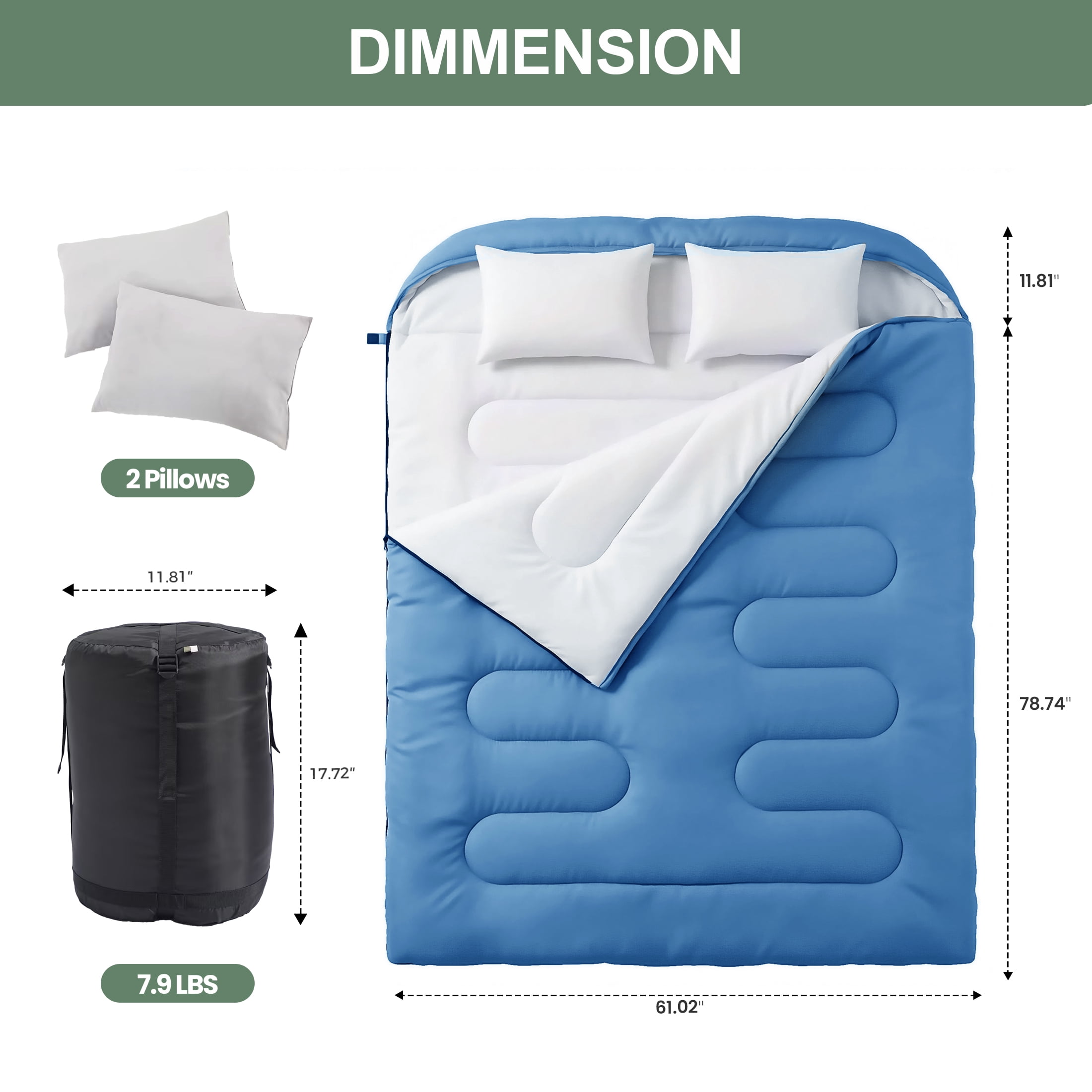CONCETTA Lightweight Double Sleeping Bag for Adults in Cold & Warm Weaher, Waterproof & Machine Washable for Camping/Backpacking/Hiking, Blue