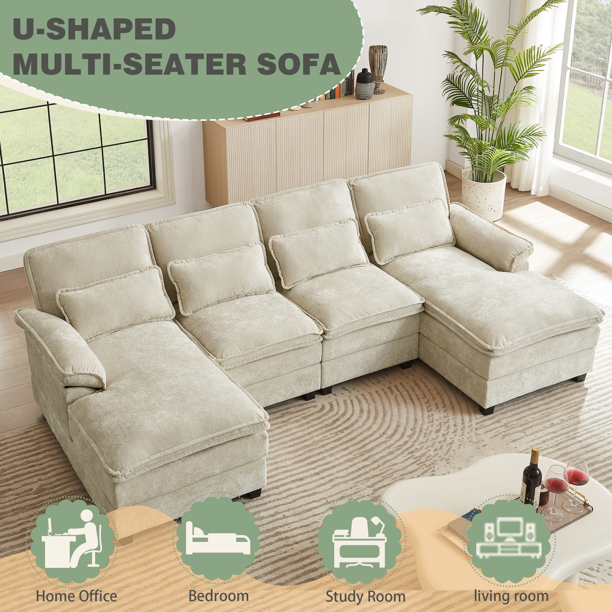 Soscana 113" Sectional Sofa Oversized U Shaped Couch with Double Chaise,Cloud Couch with 4 Waist Pillows,Modern Linen Seating Furniture for Living Room Office Studio Apartment,Beige