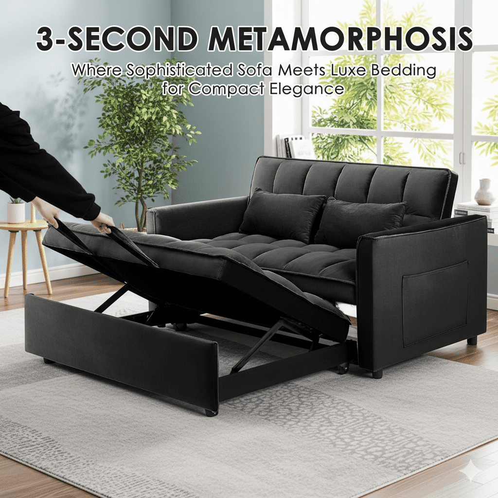 3 in 1 Sleeper Sofa Bed, 55" Convertible Pull Out Couch with Adjustable Backrest, Velvet Loveseat Sofa with Side Pockets for Living Room, Bedroom, Apartment, and Small Space (Black)