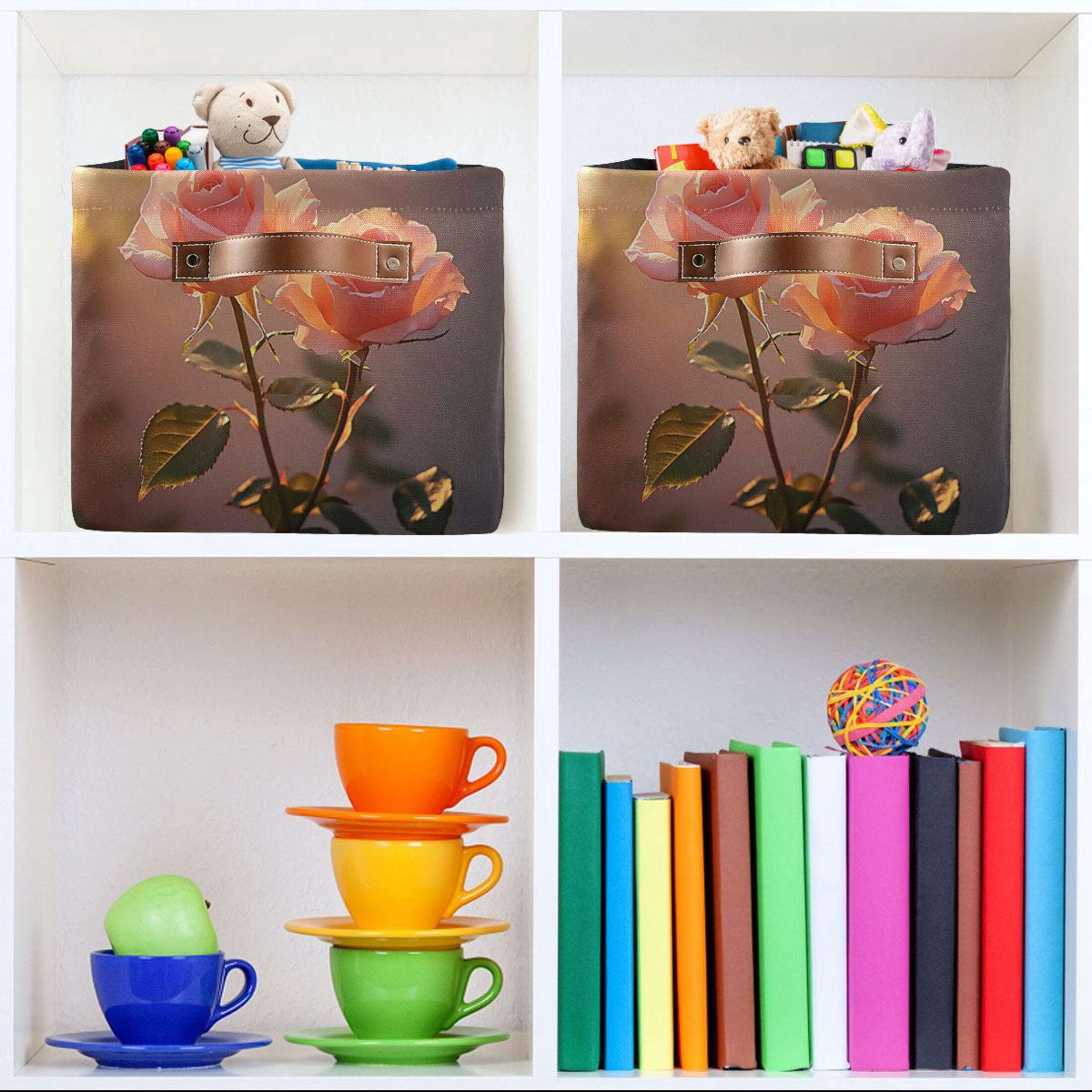 Two Pink Roses Foldable Storage Basket,Canvas Fabric Foldable Storage Bins with Handles Open Home Storage Bins Boxes for Toy Book Shelf Closet Baskets