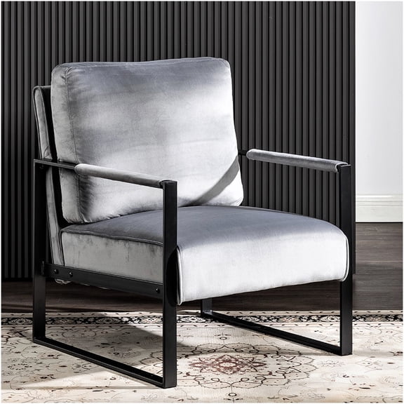 Mid Century Modern Velvet Accent Chair, Square Metal Frame Armchair with Plush Cushion for Living Room, Bedroom, Home Office, Grey