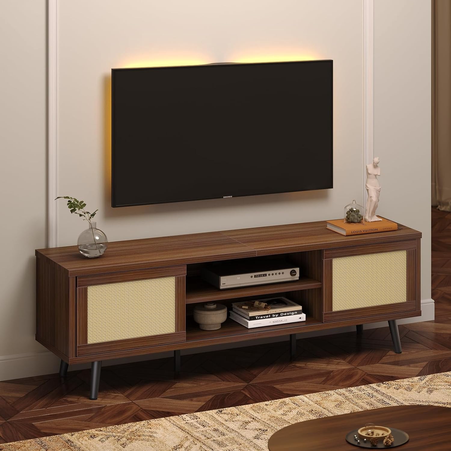 Bestier 63" Boho TV Stand for TVs up to 65 inch, Mid Century Modern TV Stand with Rattan Sliding Doors, Entertainment Center  for Living Room, Walnut
