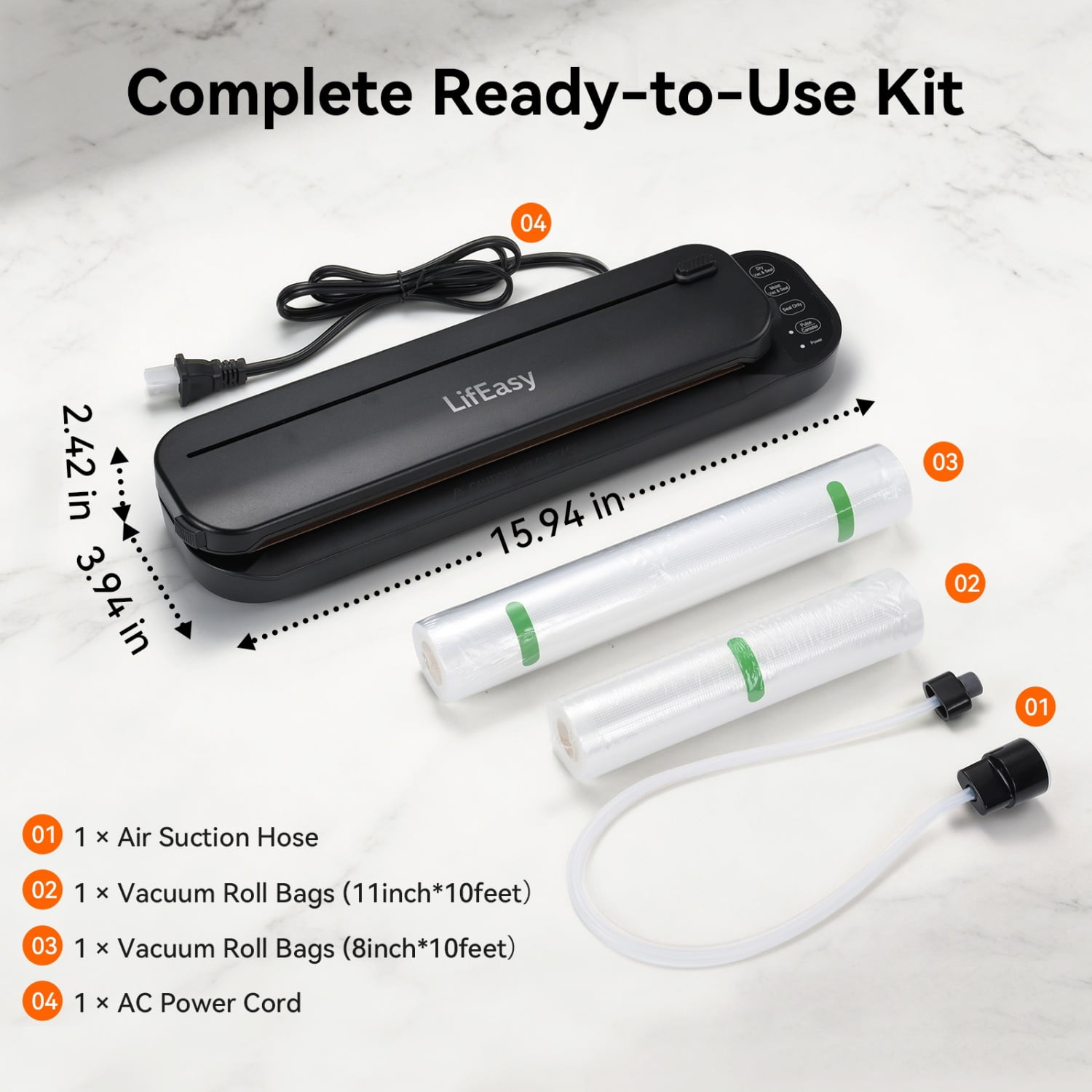 LifEasy VS2203 Food Vacuum Sealer Machine, 80kPa, 6-in-1 Modes, Dry & Moist Modes, Built-in Cutter, External Suction, 2 Rolls Bags & Starter Kit