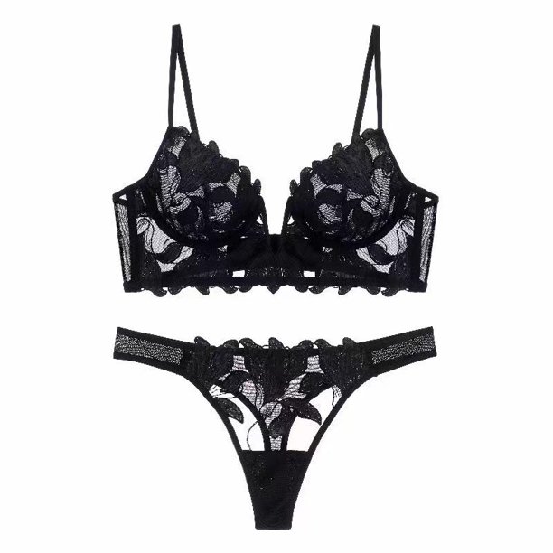 Ropa interior de encaje bordado con escote en V profundo sexy europeo y americano para mujer, sujetador de traje con fruncido pequeño y pecho grande ultrafino