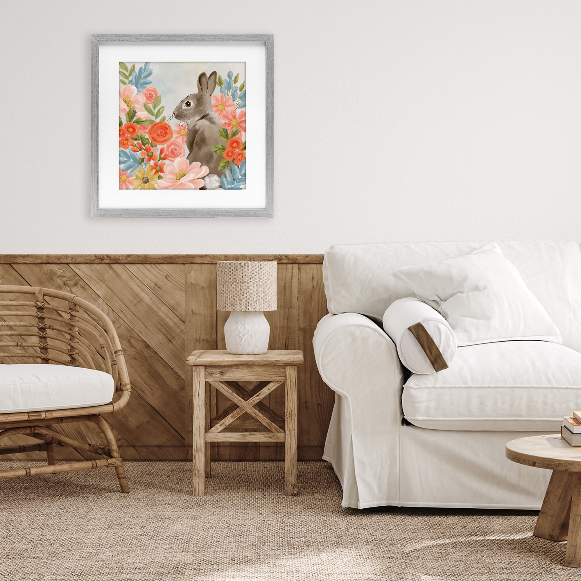 Stupell Industries Bunny In The Blooms Gray Framed Print Under Glass, design by Cat Thurman Designs