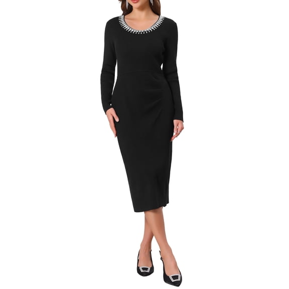 INSPIRE CHIC Women's Knit Dress Rhinestones Beaded Crewneck Long Sleeve Cocktail Bodycon Dresses S Black