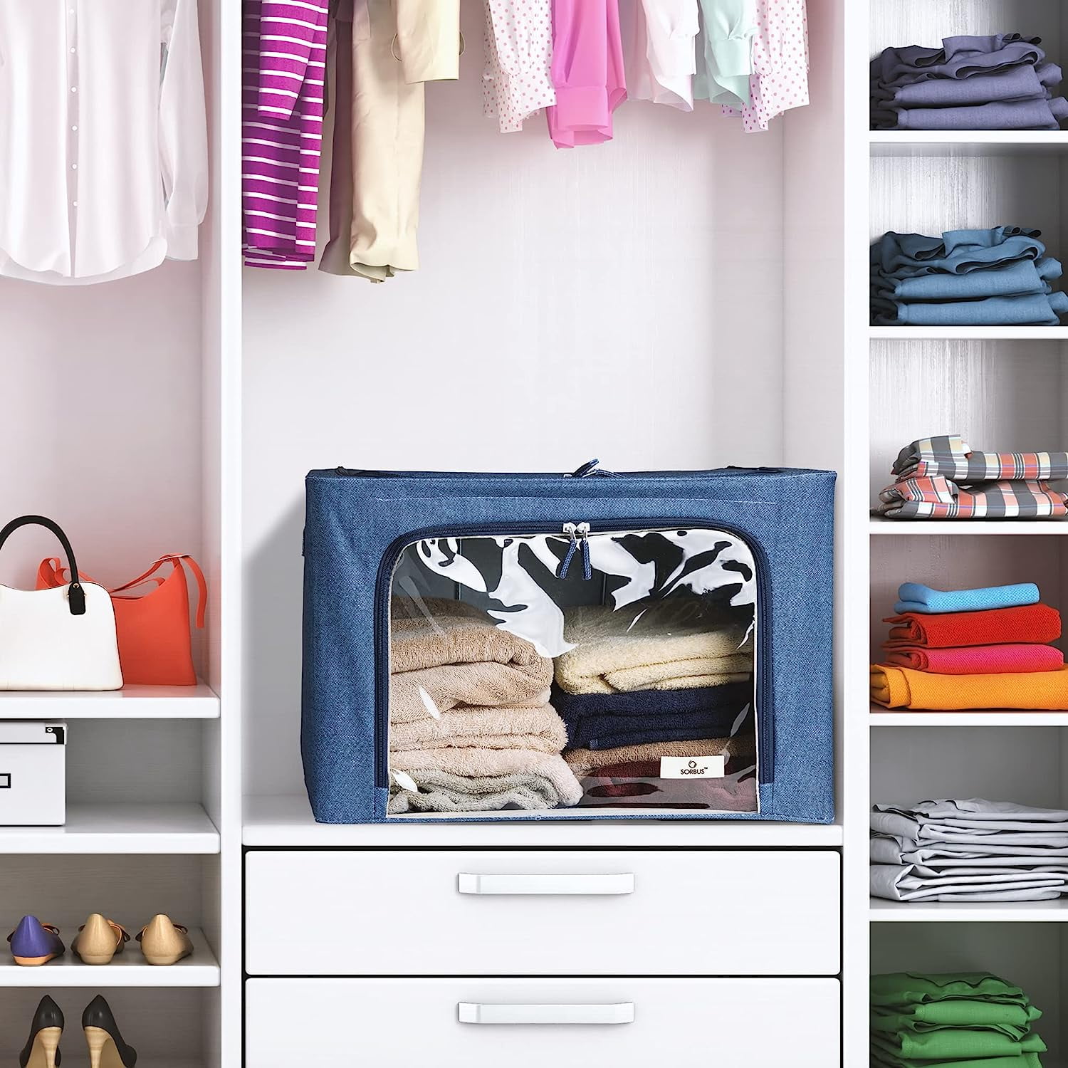 Sorbus Storage Bins with Metal Frame, Stackable & Foldable with Window & Handles for Bedding and Clothes