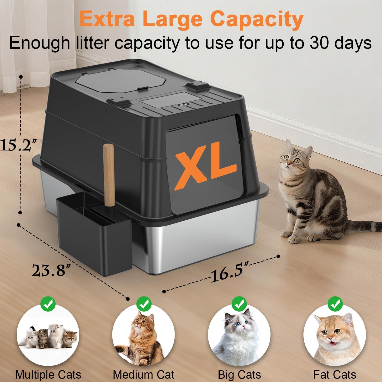 Stainless Steel Cat Litter Box With Lid Extra Large Enclosed Non-sticky Metal Pan High Sided & Scoop  Odor Free Front Top Entry Anti-leakage Easy Cleaning