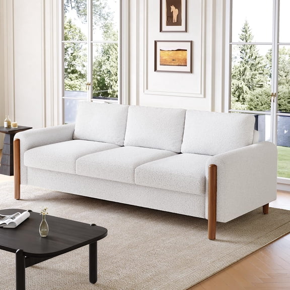 Yadil Teddy Fleece Upholstered 3 Seater Sofa Couch, Wooden Home Sofa Living Room, Comfy Cloud Couch for Bedroom, Home Office, Cream White