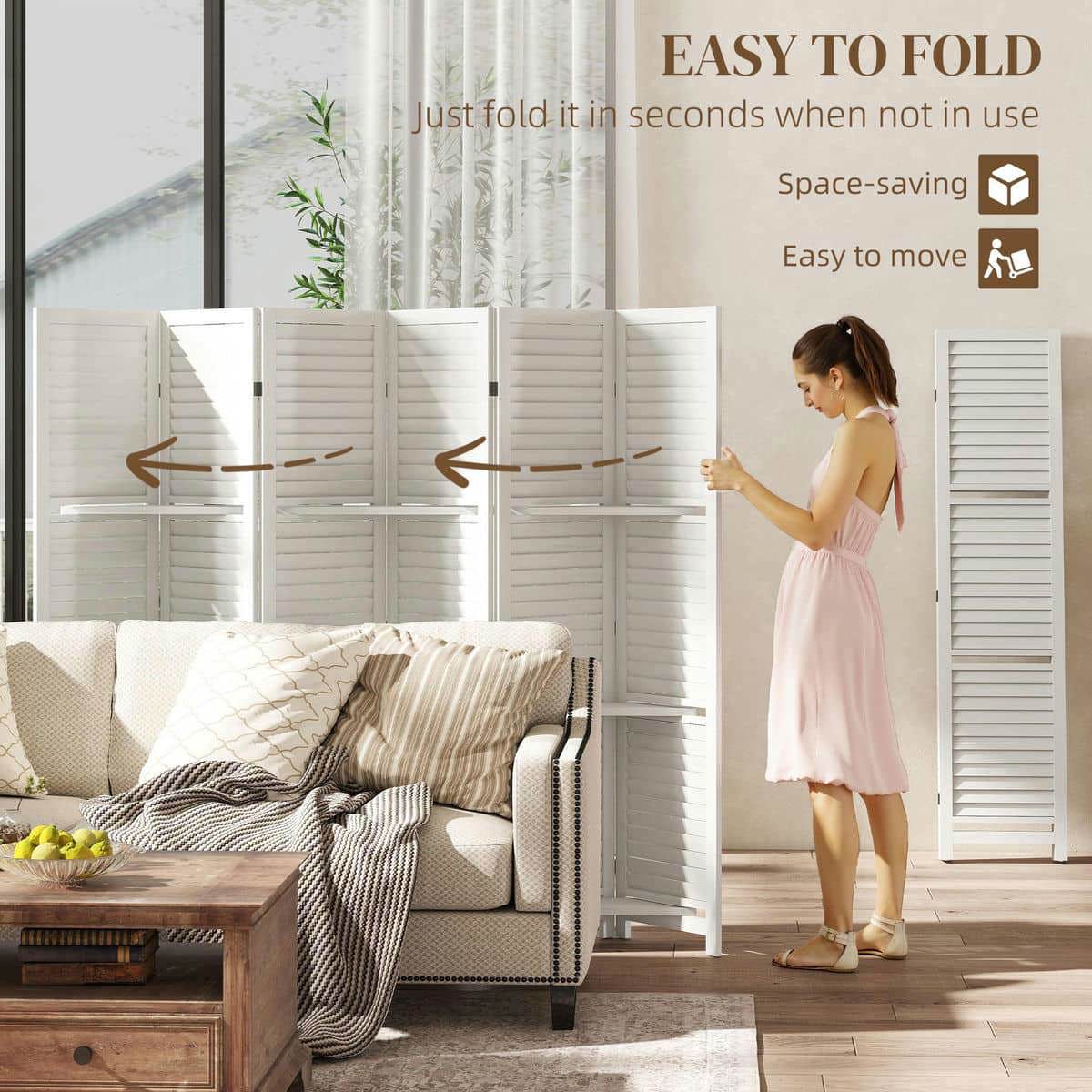 Spaco 6 Panel 67" Tall Wood Privacy Screen, Room Divider with 3 Shelves and Folding Storage, Privacy Screen for Indoor as Living Room, Bedroom, White