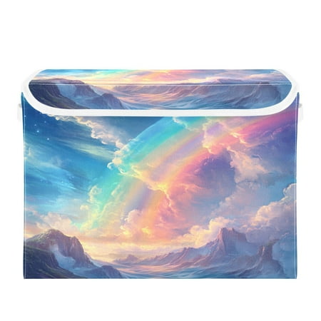 Storage Box With Lid 16.5x12.6x11.8In Foldable Stacked Household Storage Box Picturesque Rainbow