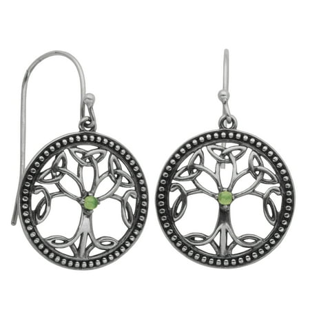 Sterling Silver Oxidized Green Aventurine Tree of Life Drop Earrings