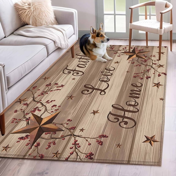 Area Rug for Living Room, Country Star Brown Non-Slip Indoor Large Carpet for Bedroom/Dining Room, Farmhouse Vintage Plants Wooden Washable Low-Profile Rectangle Floor Mat Runner Rugs - 2.7 x 5 Ft