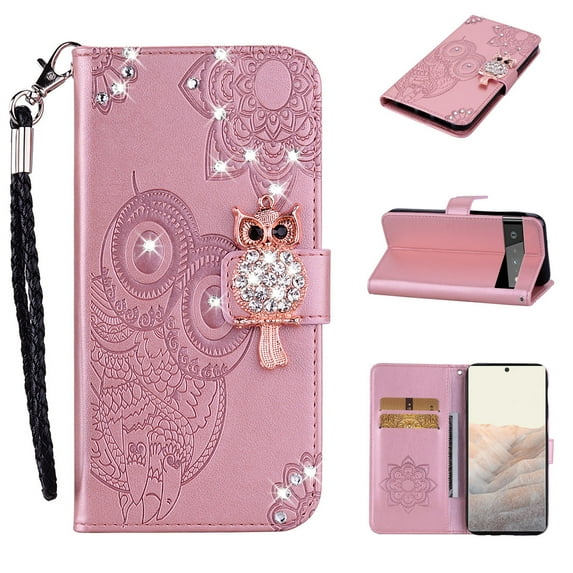 Diamond Wallet Case for Google Pixel 7 Pro with Card Slots Holder Magnetic Clasp Cover, Shining Sparkle Owl Embossed Pattern PU Leather Flip Folio Case with Wrist Strap Kickstand Case,Rosegold