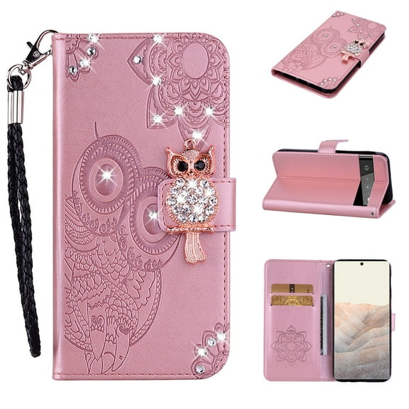 Diamond Wallet Case for Google Pixel 7 Pro with Card Slots Holder Magnetic Clasp Cover, Shining Sparkle Owl Embossed Pattern PU Leather Flip Folio Case with Wrist Strap Kickstand Case,Rosegold