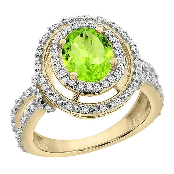 14K Yellow Gold Natural Peridot Ring Oval 8x6 mm Double Halo Diamond, size 10