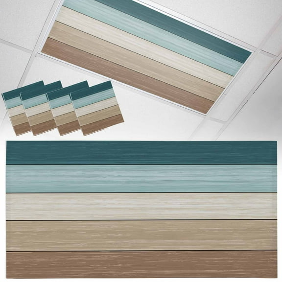 Ceiling Light Cover for Classroom, Teal Blue Brown Barn Wood Textured Magnetic Fluorescent Light Covers Filter for School,Office, 2X4  FT, Pack of 4, Rustic Farmhouse