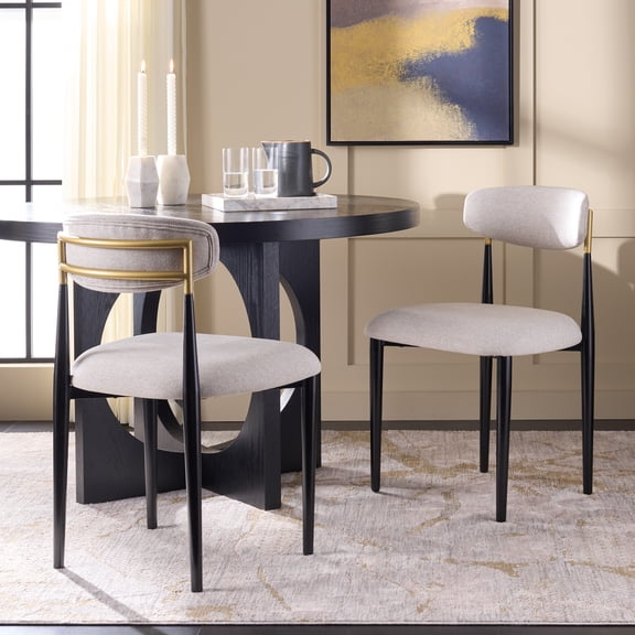 Safavieh Covelle Modern Metal and Fabric Dining Side Chairs, Black / Gold / Dove Gray Linen (Set of 2)