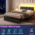 thumbnail image 2 of Satifur Full Size Upholstered Headboard Metal Bed Frame with LED Lights, 2 Drawers, Charging Station, Black leather, 2 of 9