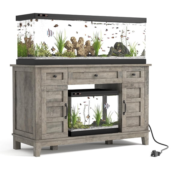 Farmhouse Aquarium Stand Cabinet for 30-55 or 55-75 Gallon Fish Tank, Heavy Duty 1400 lb Capacity with Double Doors Drawers & Power Outlet
