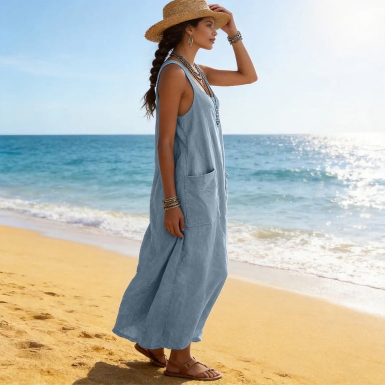 Women's Cotton Linen Dress, Sleeveless Scoop Neck Maxi Dresses, Loose Fit Slouchy Tank Sundress with Large Front Pockets