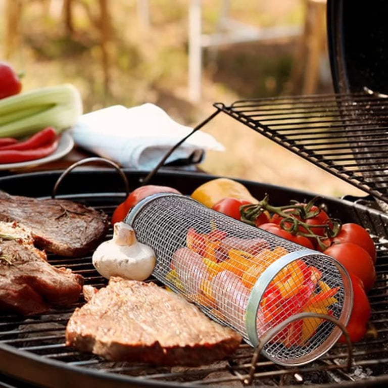 BBQ Stainless Steel Grilled Cage,Outdoor Grill Rack | Portable Rolling Vegetable Grilling Basket,Camping Picnic Cookware,Spacious Grilling Tool