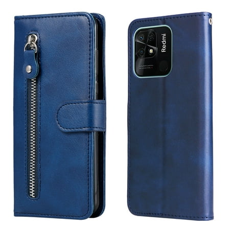 Case for Xiaomi Redmi 10C Zipper Pocket Wallet Leather Case Magnetic Closure Flip Cover - Blue