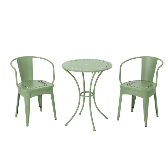 Leona Outdoor 3 Piece Iron Bistro Set, Matte Green