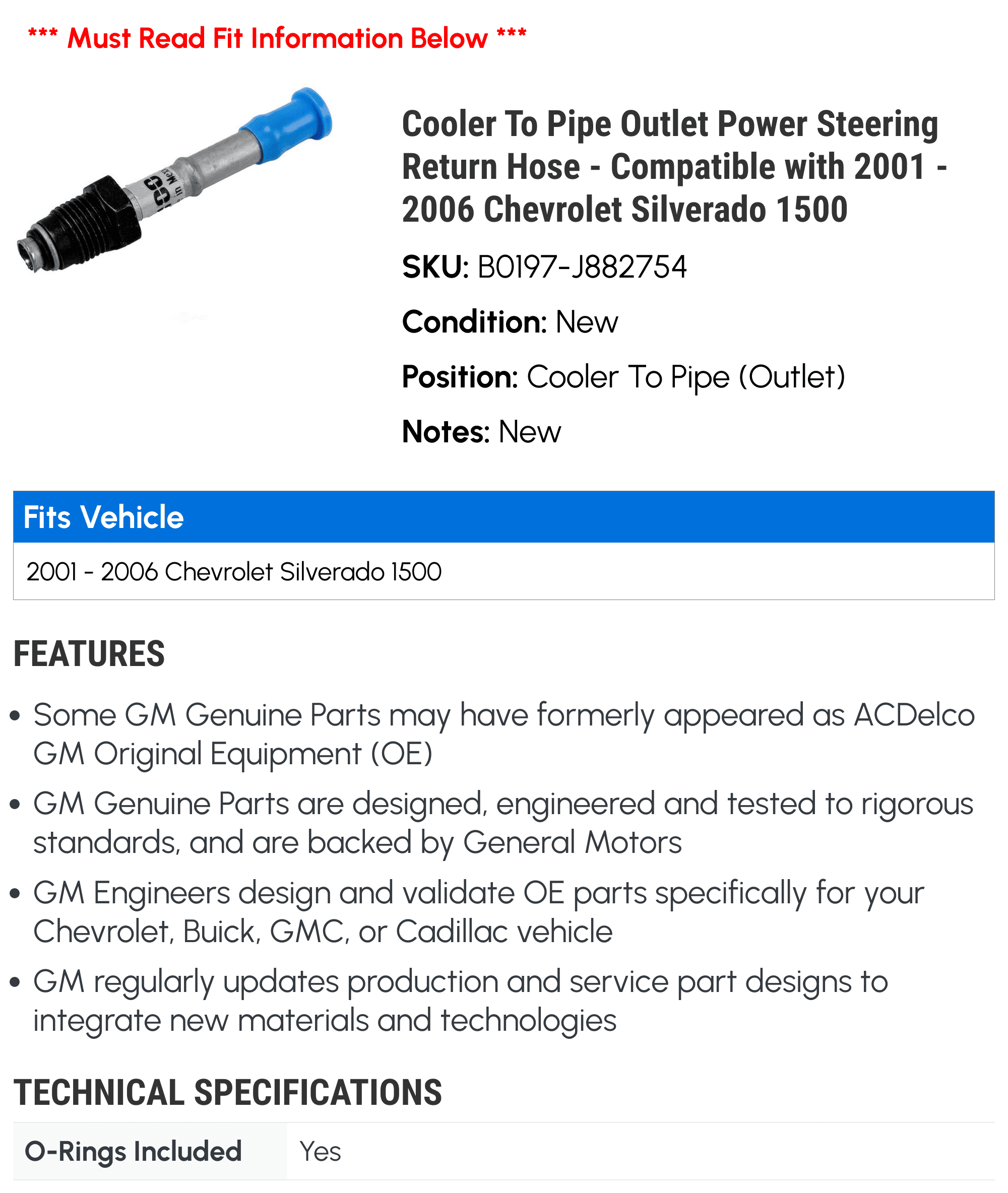 Cooler To Line Outlet Power Steering Return Hose - Compatible with 2001 - 2006 Chevy Silverado 1500 2002 2003 2004 2005