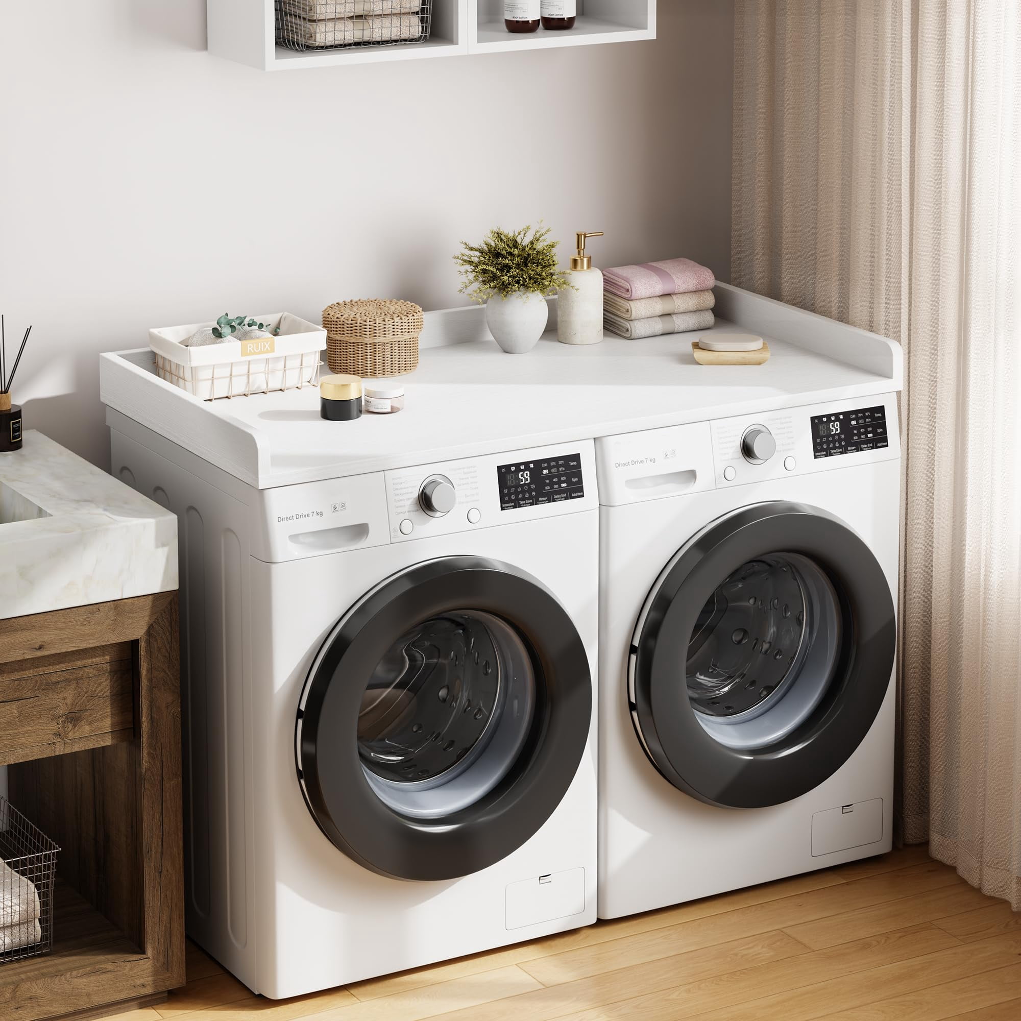 PYY Washer Dryer Countertop, 54.3" x 27.6" Wooden Laundry Countertop with Edge Rails, Washer and Dryer Topper for Laundry Room Organization and Storage, White