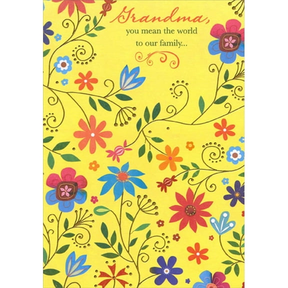 Designer Greetings Mean The World To Our Family: Foil Vines and Colorful Flowers Birthday Card for Grandma