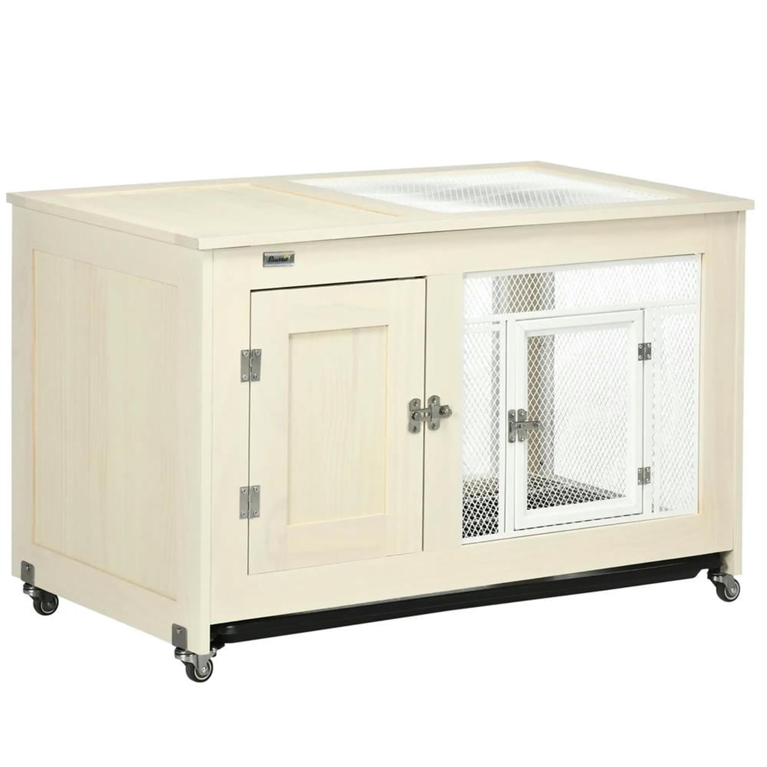 Kadyn 37" Indoor Wooden Rabbit Hutch with Openable Roof, Removable Tray and Wheels, Outdoor Bunny Cage for Bunnies, Guinea Pigs, Beige