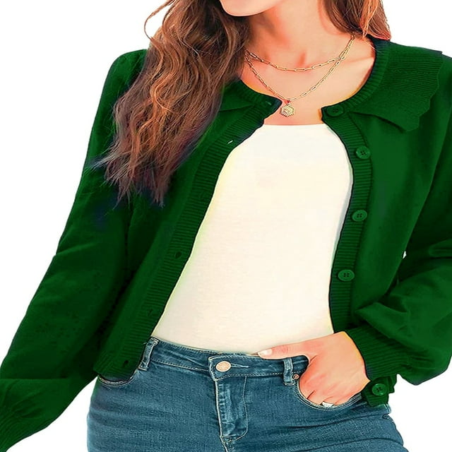 Women Solid Cropped Cardigan Sweater Lantern Sleeve Ruffle Lapel Collar Button Down Knit Outerwear Green M