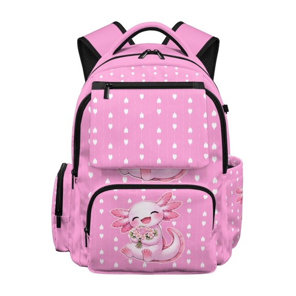 Psesaysky Multi Pockets School Bag for Primary School Daily, 600D Polyester Soft Book Bag, Axolotl Hearts Print