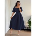 thumbnail image 7 of Navy Blue Womens Square Neck Puff Sleeve Pleated Midi Dress For Office Casual Elegant Occasion, 7 of 7