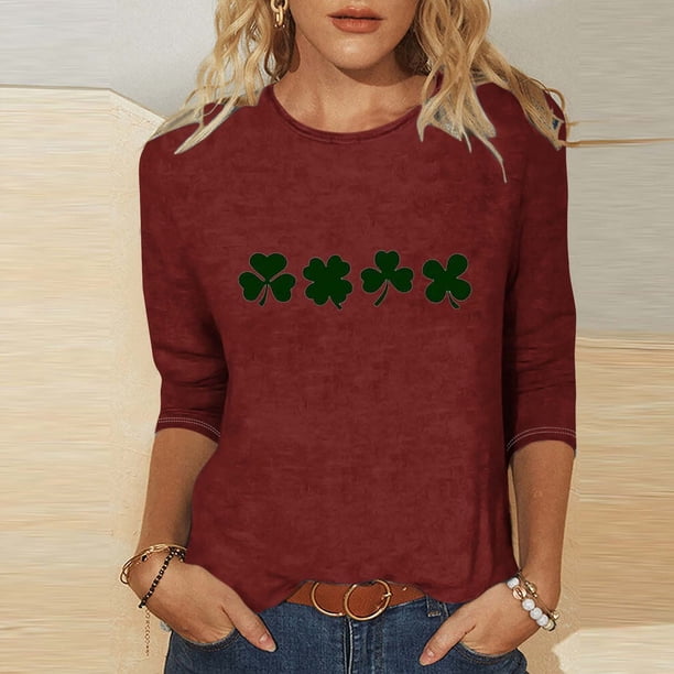 TaTaai St. Patrick's Day Women Fashion Printed 3/4 Sleeve Tops Casual Round Neck Loose Fit Blouses Soft Stretchy Breathable Spring Winter Daily Wear Gift