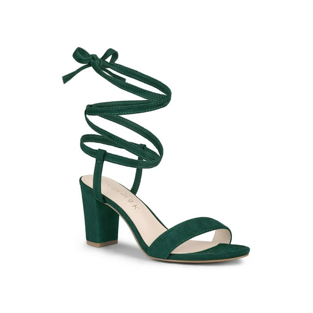 BLISSFUL STEP Women's Open Toe Lace up Block High Heels Sandals Green 9.5