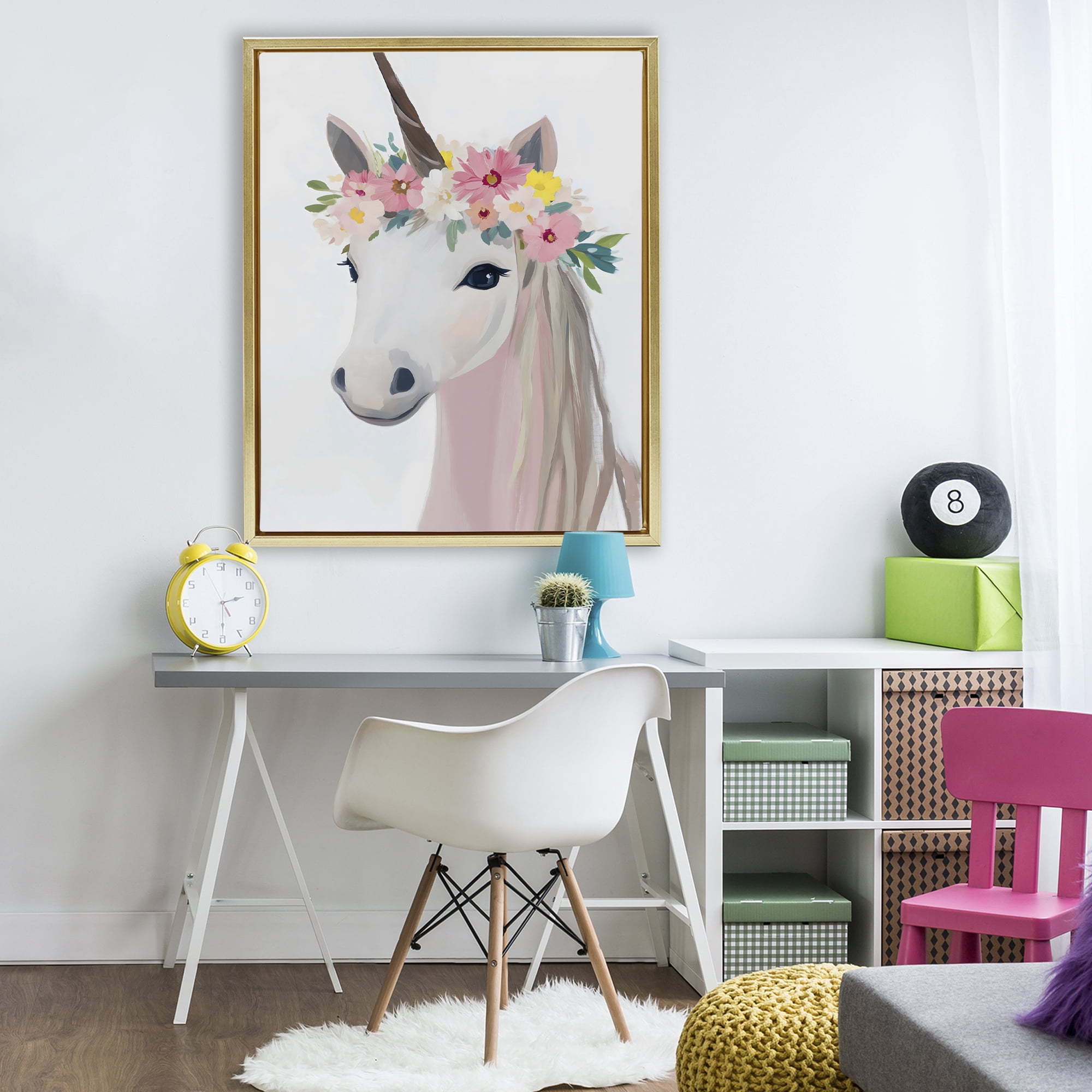 Stupell Industries Flower Crown Unicorn Gold Framed Floater Canvas Wall Art, design by The Prints Vibe