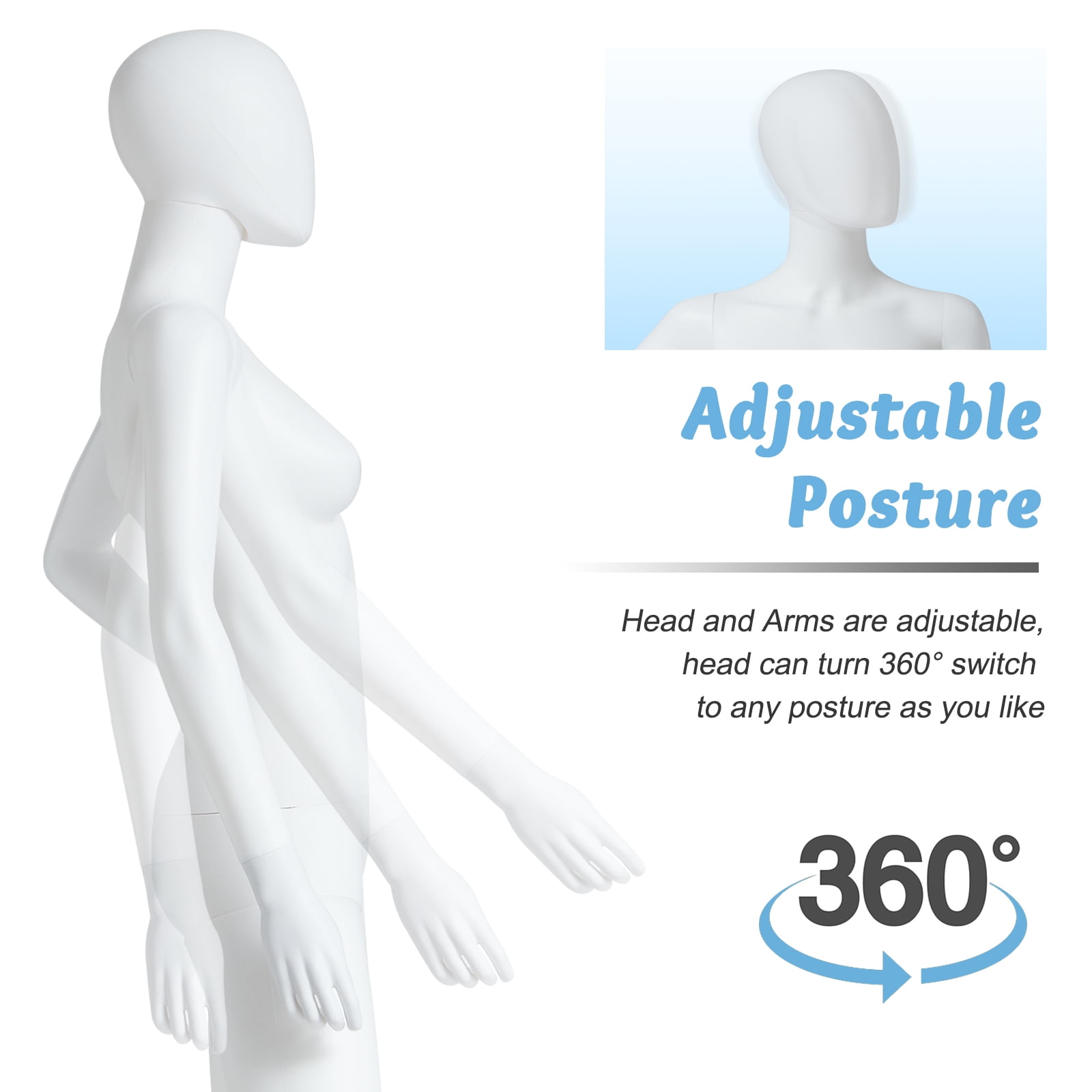 Kinbor 70Inch Full Body Female Mannequin Dress Form Adjustable with Metal Base for Retail Clothing Shops White