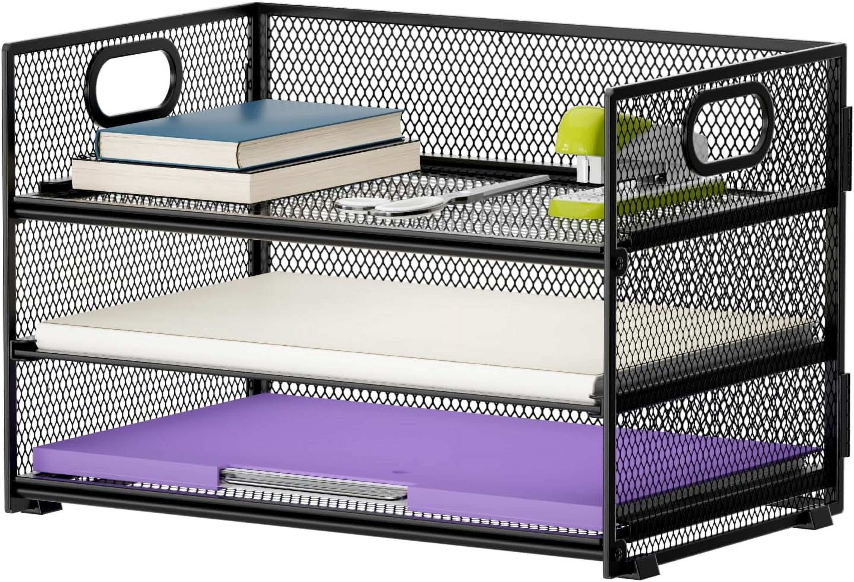 3 Tier Paper Organizer Letter Tray, Mesh File Organizer with Handle, Paper Sorter Desk Organizer for Home Office Supplies - Silver