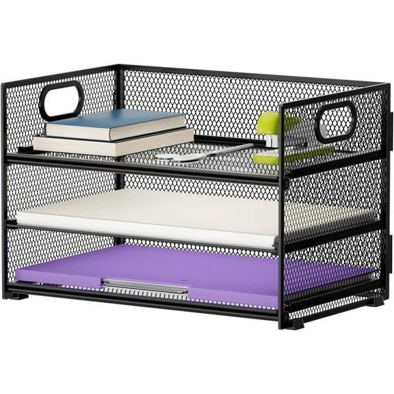 3 Tier Paper Organizer Letter Tray, Mesh File Organizer with Handle, Paper Sorter Desk Organizer for Home Office Supplies