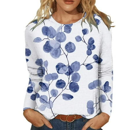 

QIPOPIQ Clearance Women s Blouses Casual Crew Neck Long Sleeve Printed Loose Shirt