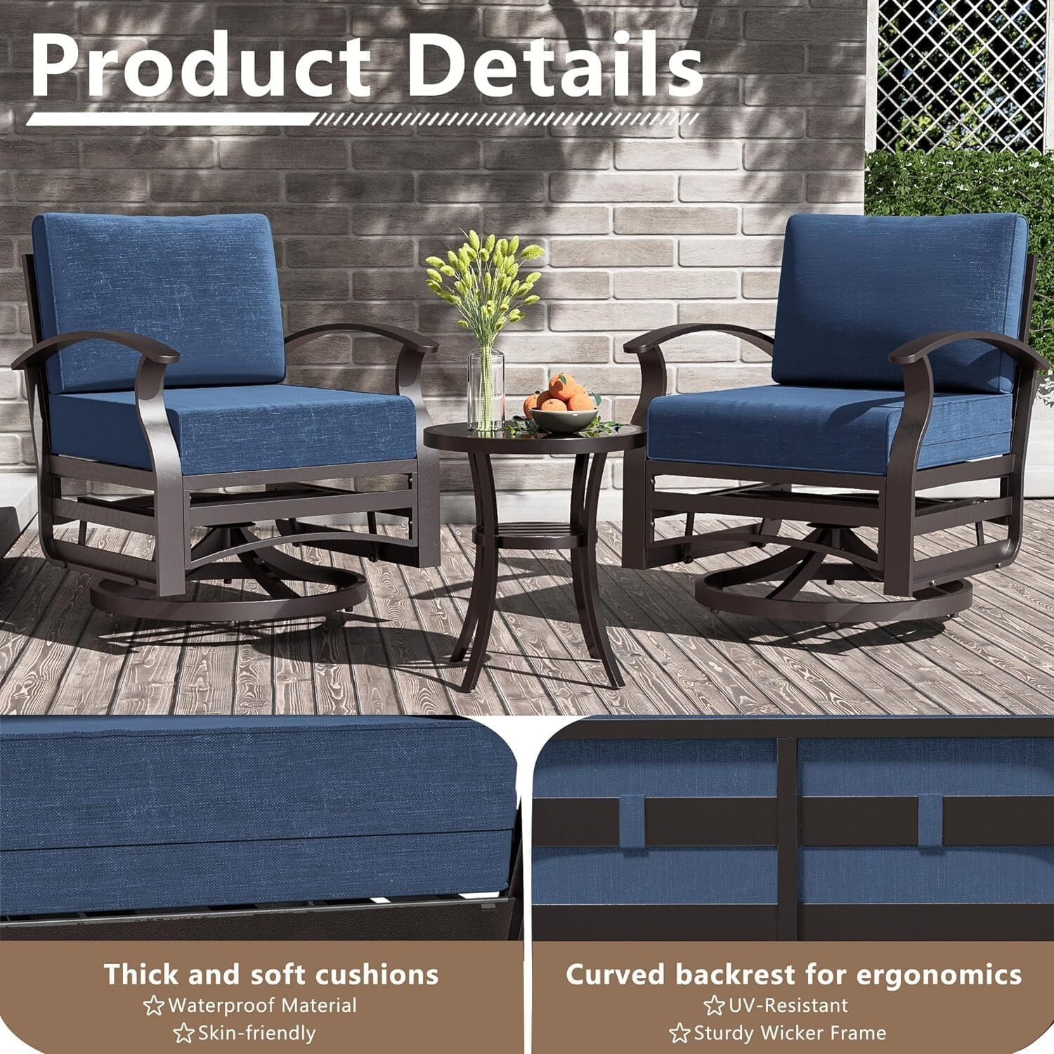 ASJMR 5 Seat Aluminum Patio Furniture Set with Fire Pit Table and Swivel Rocking Chairs Outdoor Armrest Sofa Conversation Set,Navy