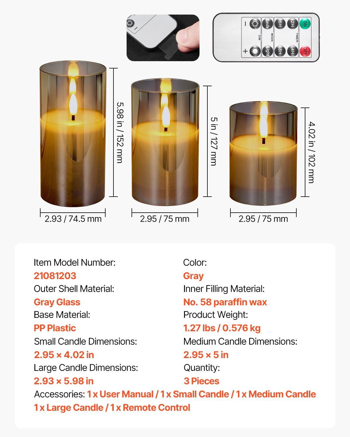 3 Pack Battery Operated Flameless LED Candles with Remote Control, 500-Hour Battery Life, Flickering Flame Effect, Safe for Kids and Pets, Gray Glass Wax Candles for Home Decor
