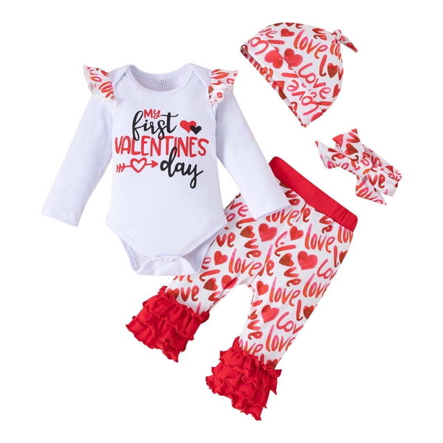 Conjunto De Canastilla Para Niñas Pequeñas, Monos Para El Día De San Valentín, Estampado De Corazón De Amor, Manga Larga, Lazo, Volantes, Pantalones, Conjunto De Gorro Odeerbi LM103-8346