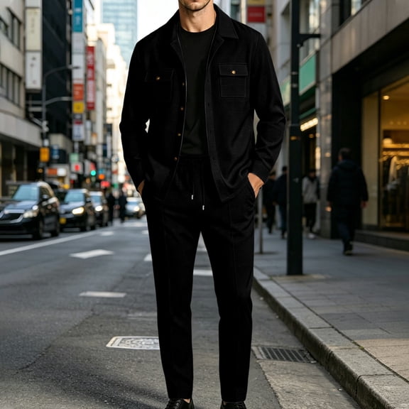 Men's Set Solid Color Turndown Collar Long Sleeve Two Piece Set Elastic Drawstring Waist Pocket Pants Soft Casual Outfit for Daily Outdoor Wear