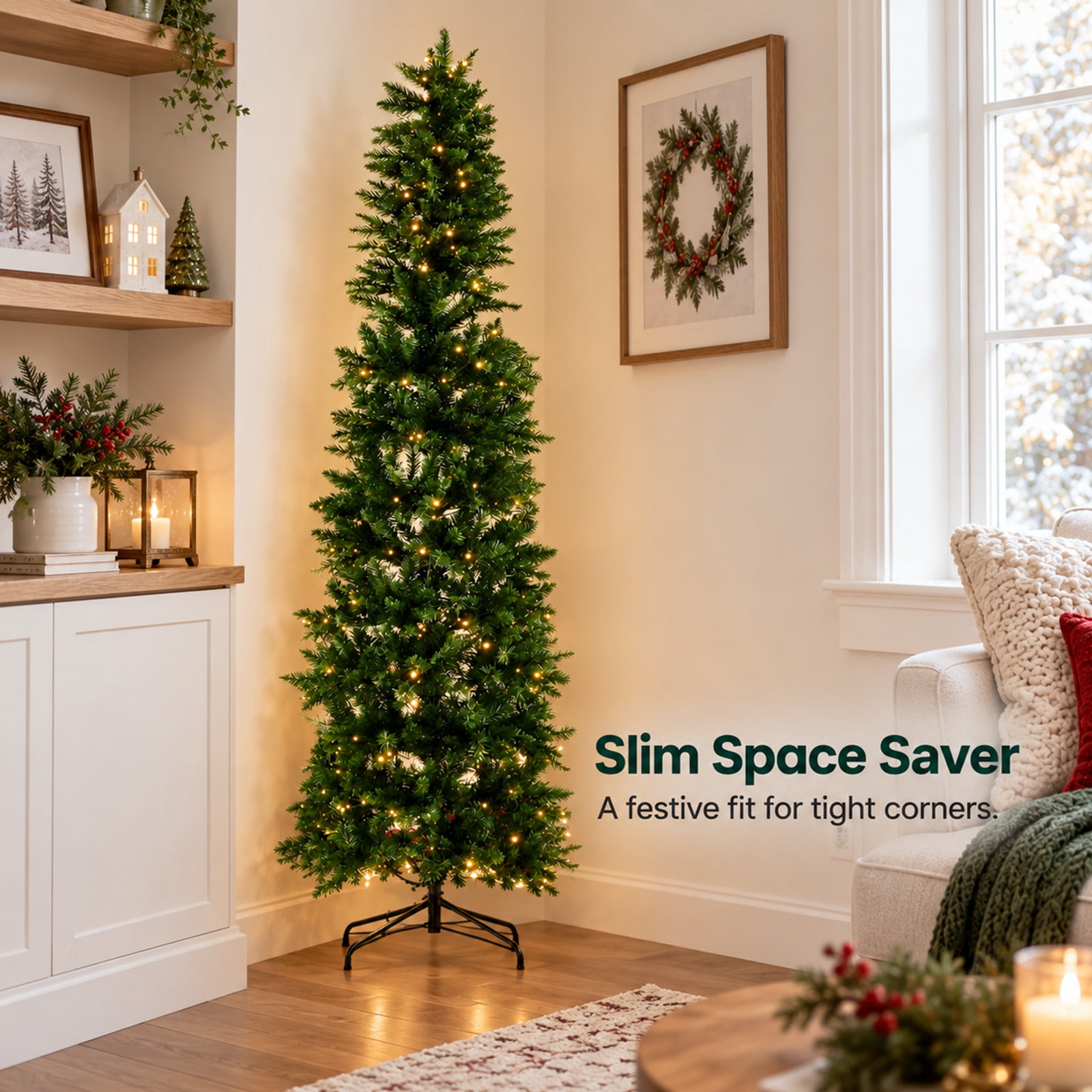 Alvantor Prelit Pencil Christmas Tree, 500 Warm White LEDs, Metal Stand, Small Spaces, Green 9FT