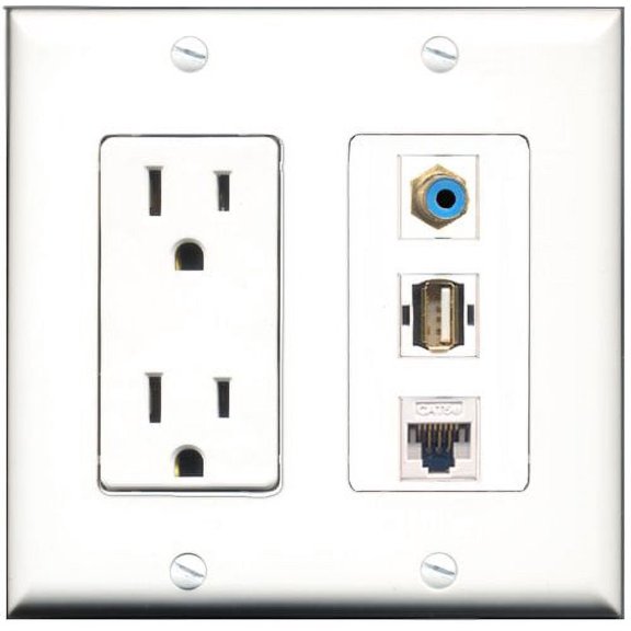 RiteAV - 15 Amp Power Outlet 1 Port RCA Blue 1 Port USB A-A 1 Port Cat5e Ethernet White Decorative Wall Plate